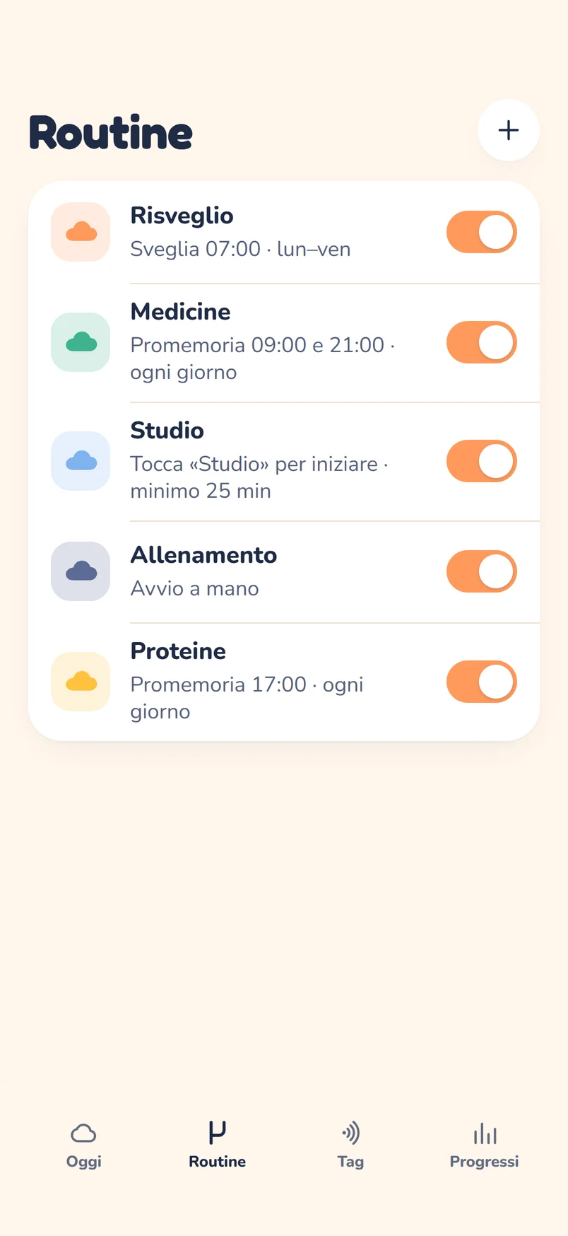 L'elenco delle routine nell'app Nembo